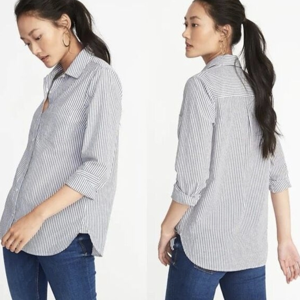 Old Navy Striped Gray and White Tunic Style Shirt